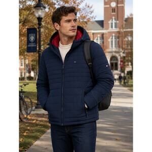 Tommy Hilfiger TH Flex Hooded Quilted Puffer Jacket Navy Men’s M Lightweight
